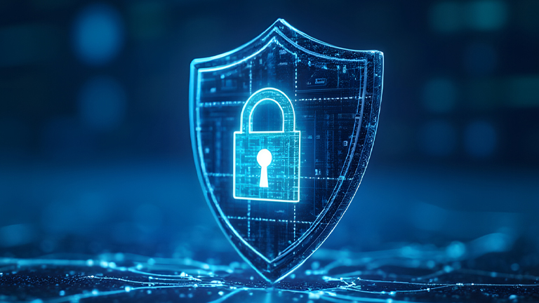 Cyber security shield with padlock